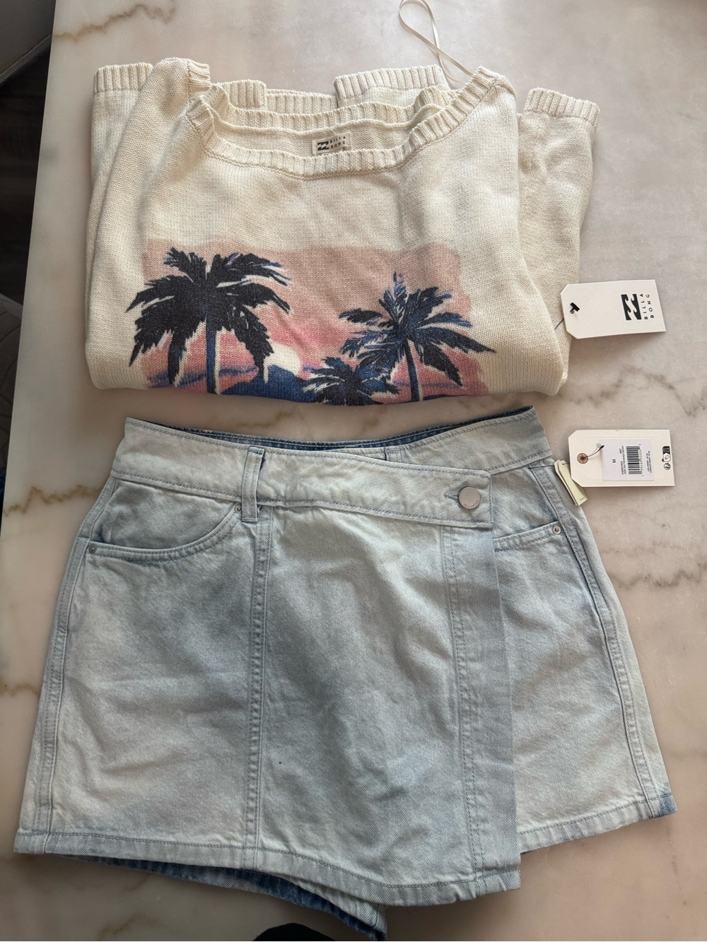 Billabong Light Wash Denim Skort & crème knit crewneck sweater